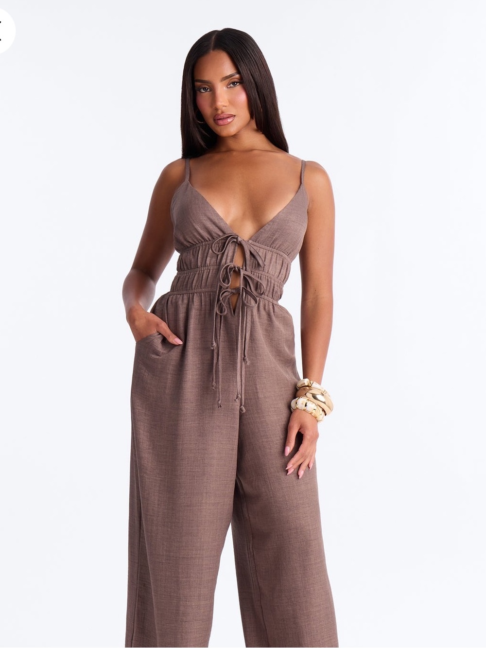 Fashion Nova Taupe Tie-Front Wide-Leg Jumpsuit